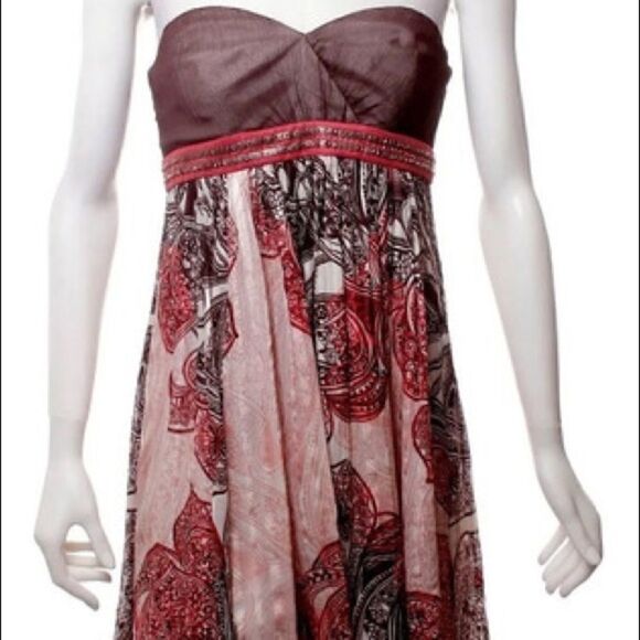 BCBGMaxAzria | Brown/Maroon Strapless Paisley Print Silk Dress | 2 - Picture 1 of 12